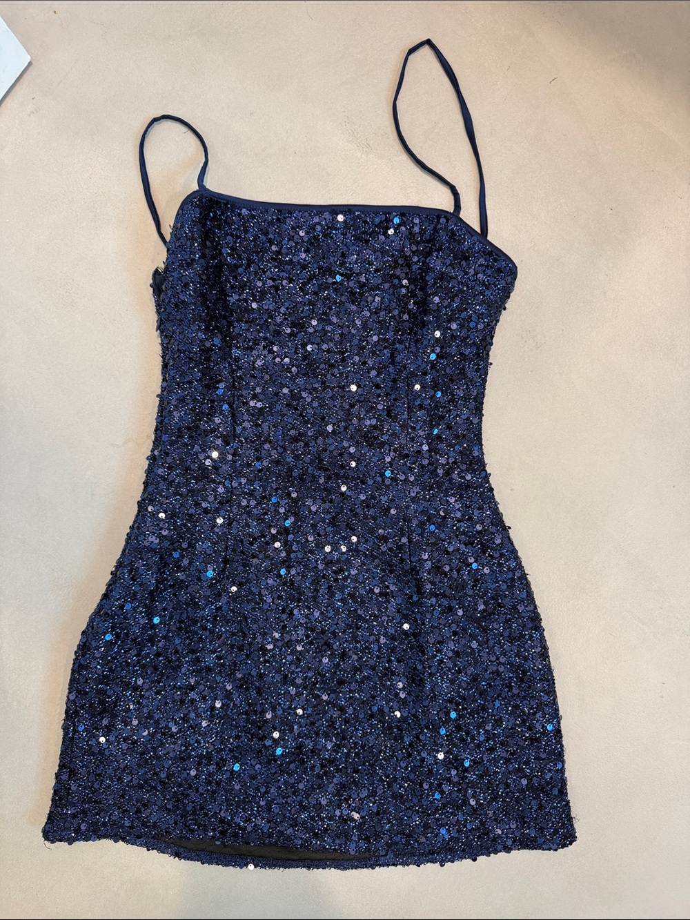 Edikted Navy Sequin Spaghetti-Strap Mini Dress